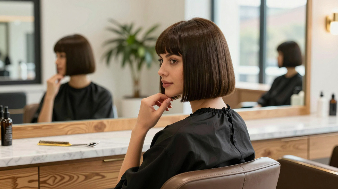 Woman with a fresh bob haircut sitting in a salon chair, looking at her reflection in the mirror.