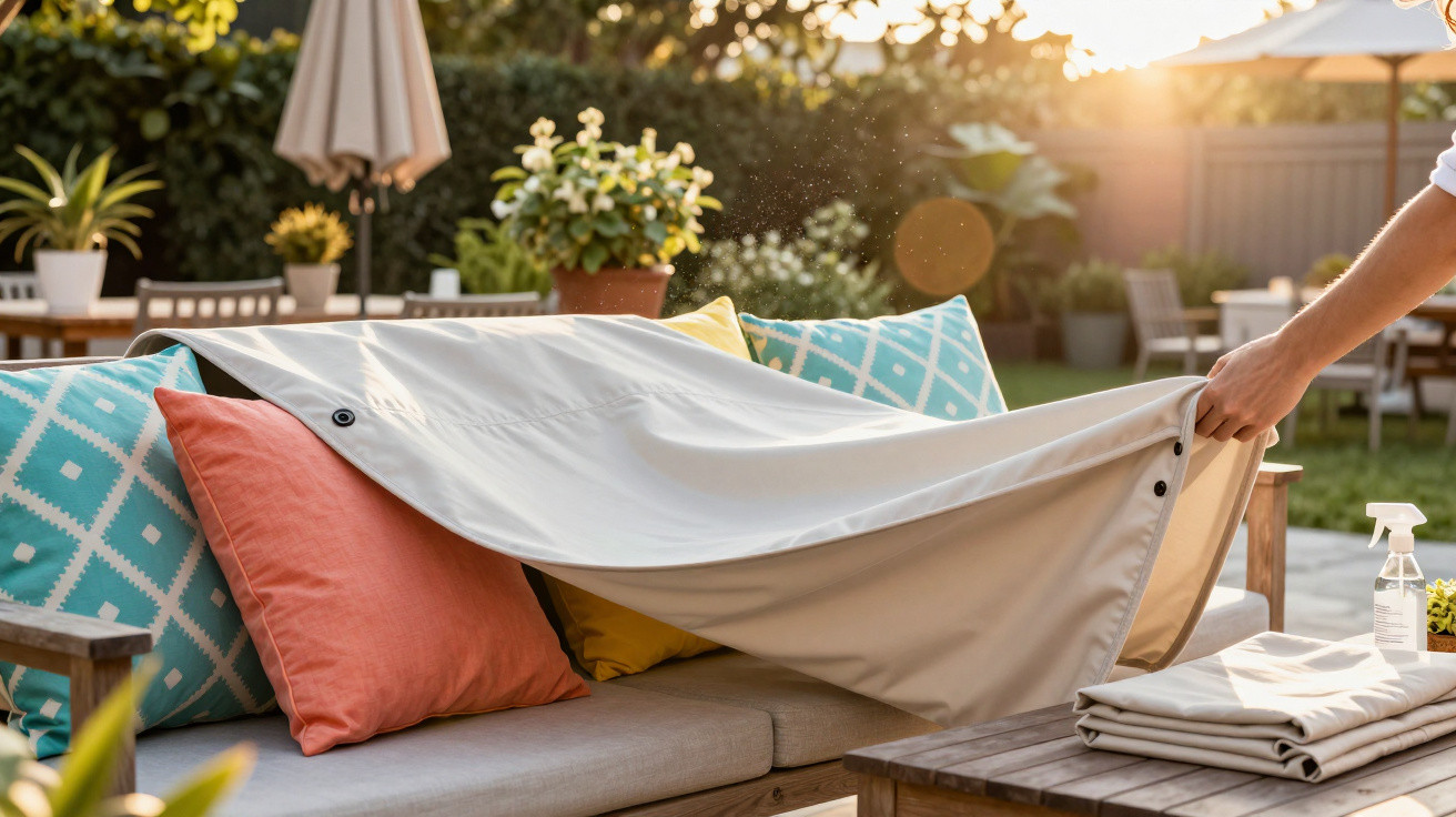 Person removing protective cover from outdoor sofa with colourful cushions in sunlit garden seating area