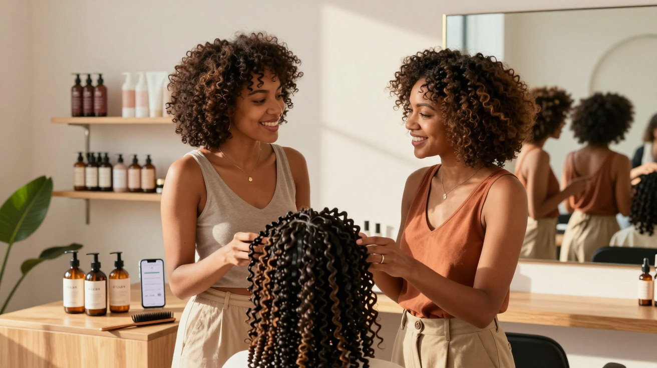 Two smiling women styling curly hair on a mannequin head in a bright, modern salon.