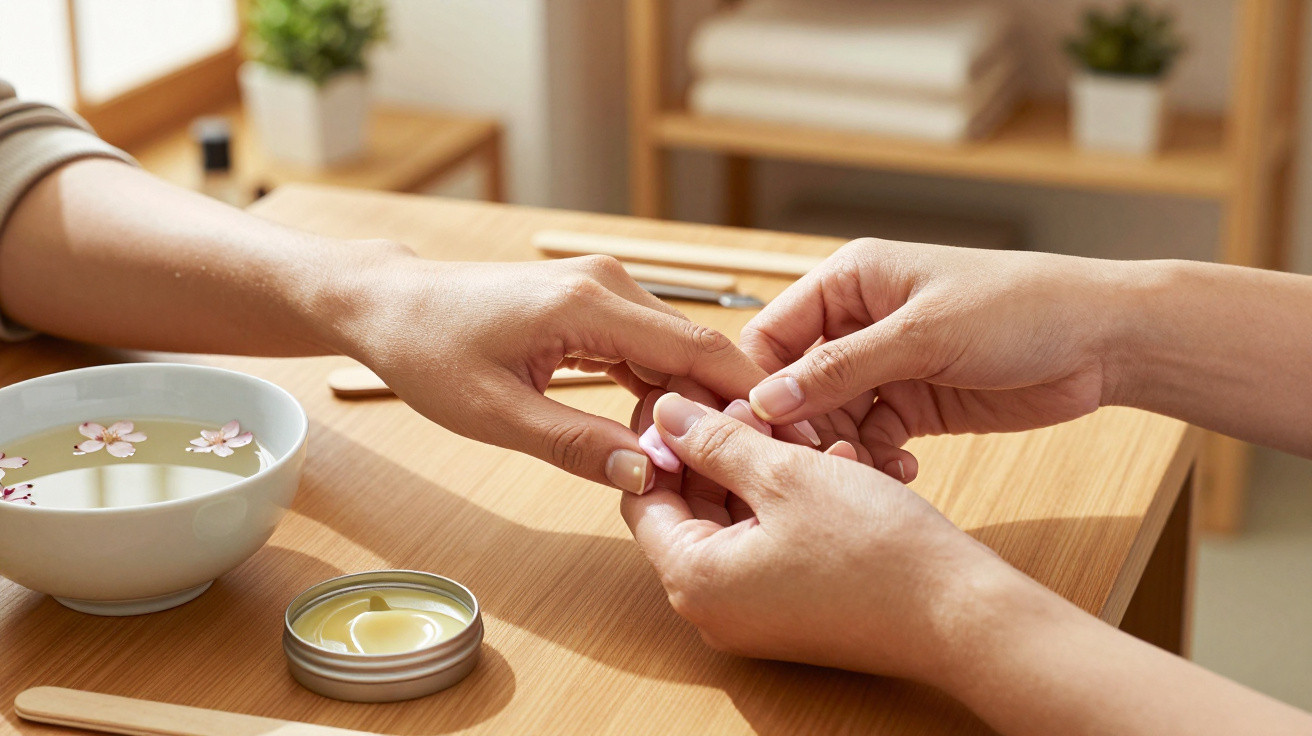 Hands receiving a gentle manicure with a wooden table, bowl of water, and cream in a calm spa setting.