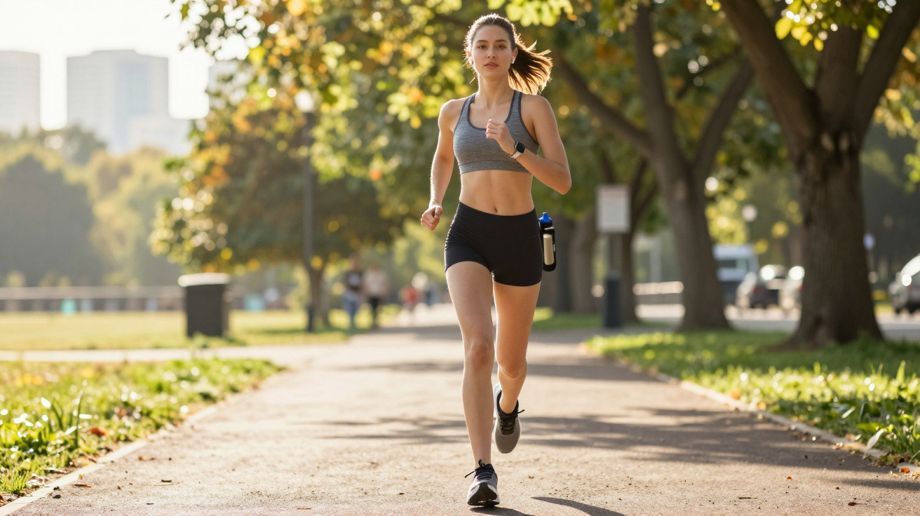 Woman in sportswear running on a paved path in a park on a sunny day with trees and buildings in the background.