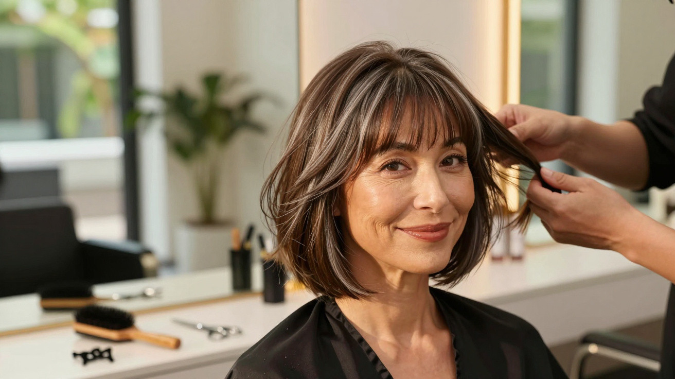 Woman with shoulder-length brown hair and highlights smiling as a hairstylist arranges her hair in a salon.