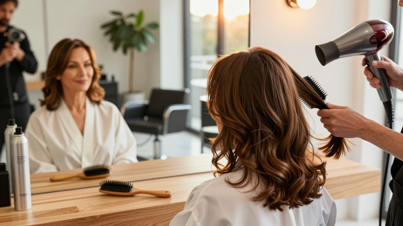Woman with medium-length brown hair having her hair blow-dried in a modern salon, wearing a white robe.