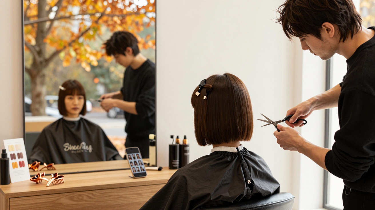 Hairdresser cutting a woman’s bob hairstyle in a modern salon with autumn trees visible through the window.
