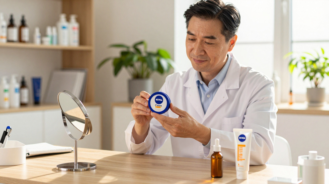 A male dermatologist in a white coat examining a Nivea cream jar in a bright clinic room.