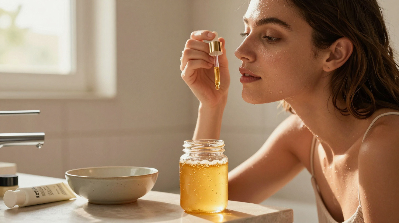 Woman holding a dropper above a jar of golden liquid near a bowl and skincare tube on a bathroom counter.