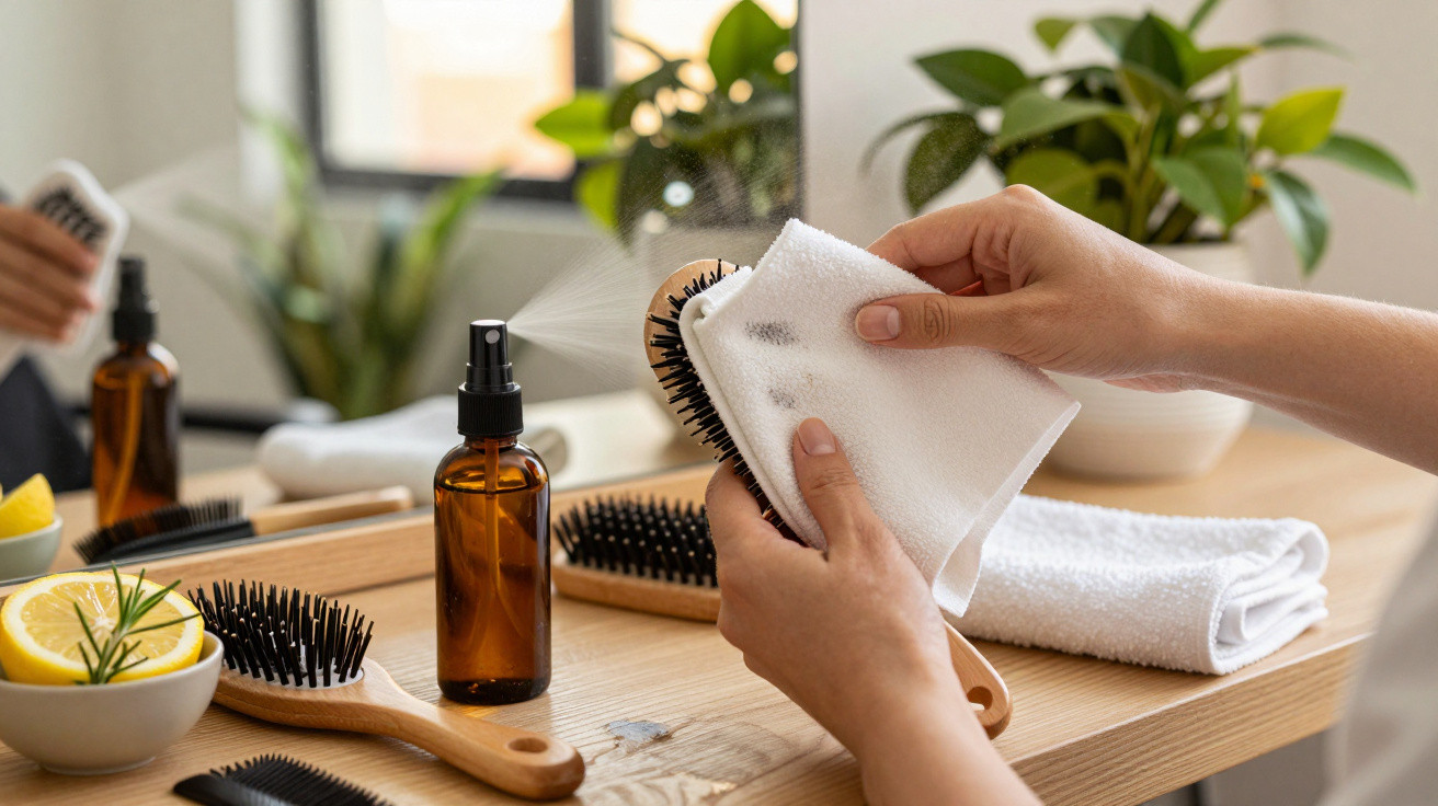 Hands cleaning a wooden hairbrush with a cloth and spray bottle on a wooden table with plants in background.