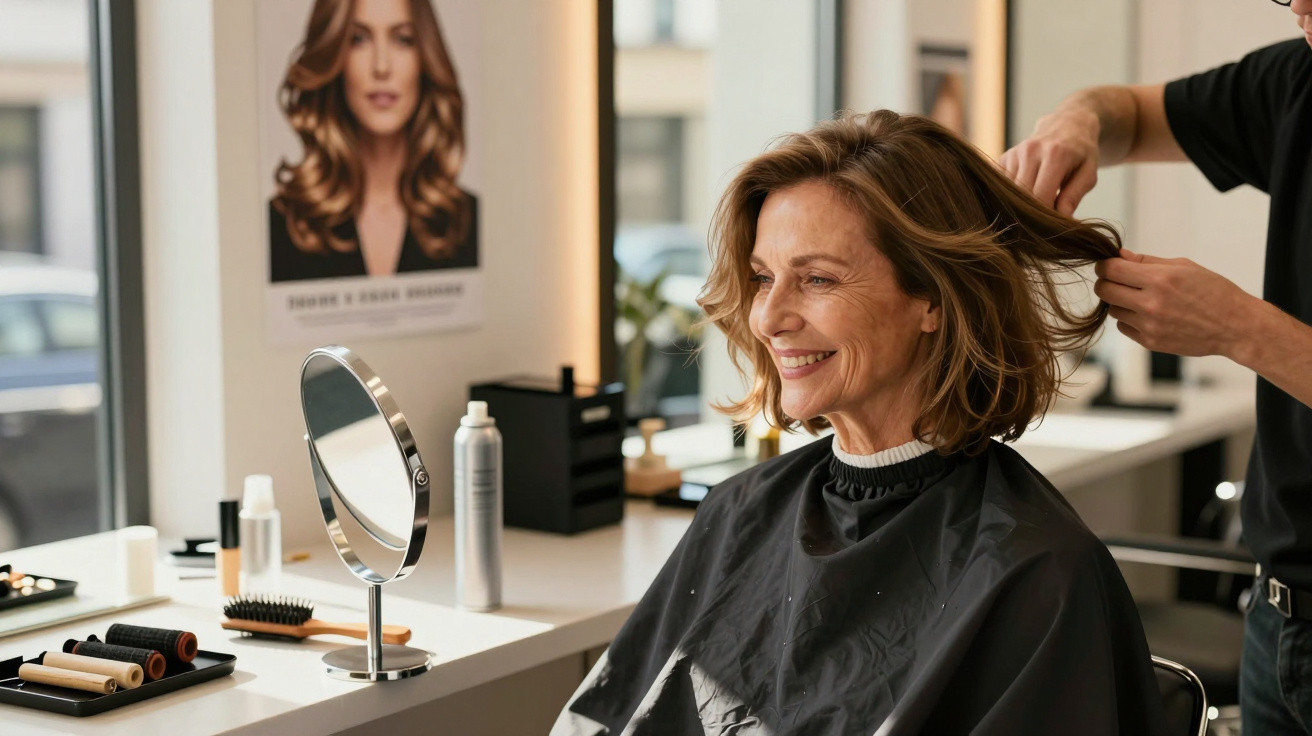 Smiling middle-aged woman having her hair styled by a hairdresser in a modern salon.