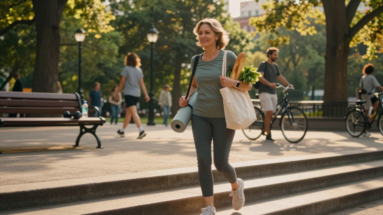 Woman carrying yoga mat and shopping bag with bread and greens walking in sunny park with cyclists around