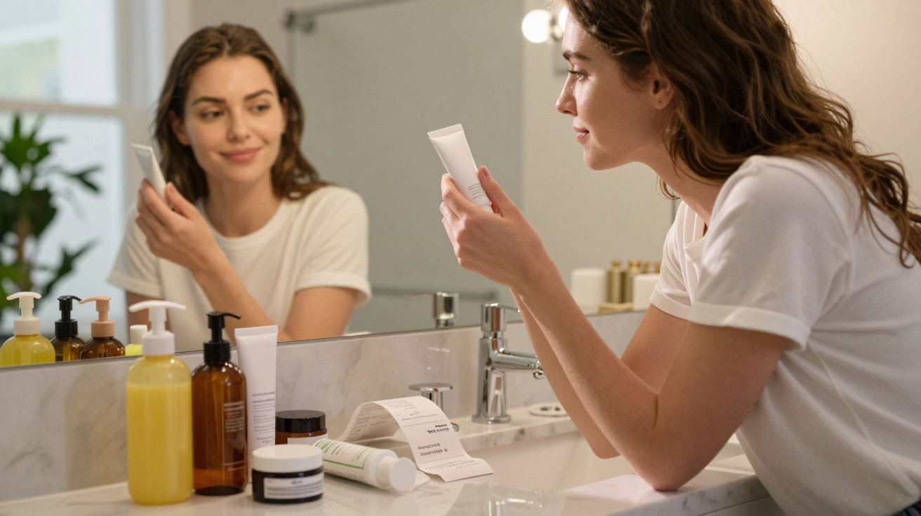 Woman in white t-shirt reading skincare product label in front of bathroom mirror with various bottles on the counter.