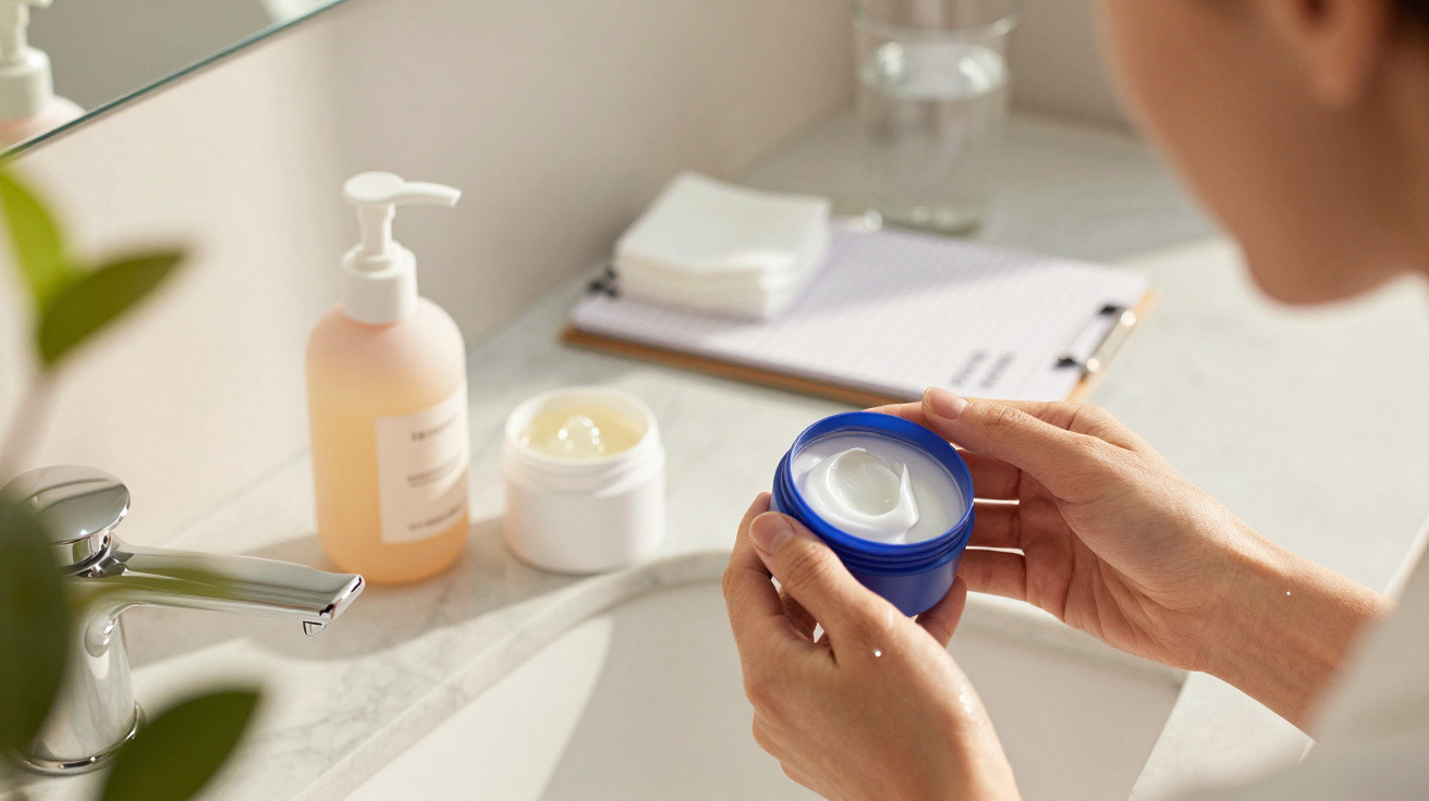 Person holding an open blue jar of cream above a bathroom sink with skincare products and a clipboard in the background.
