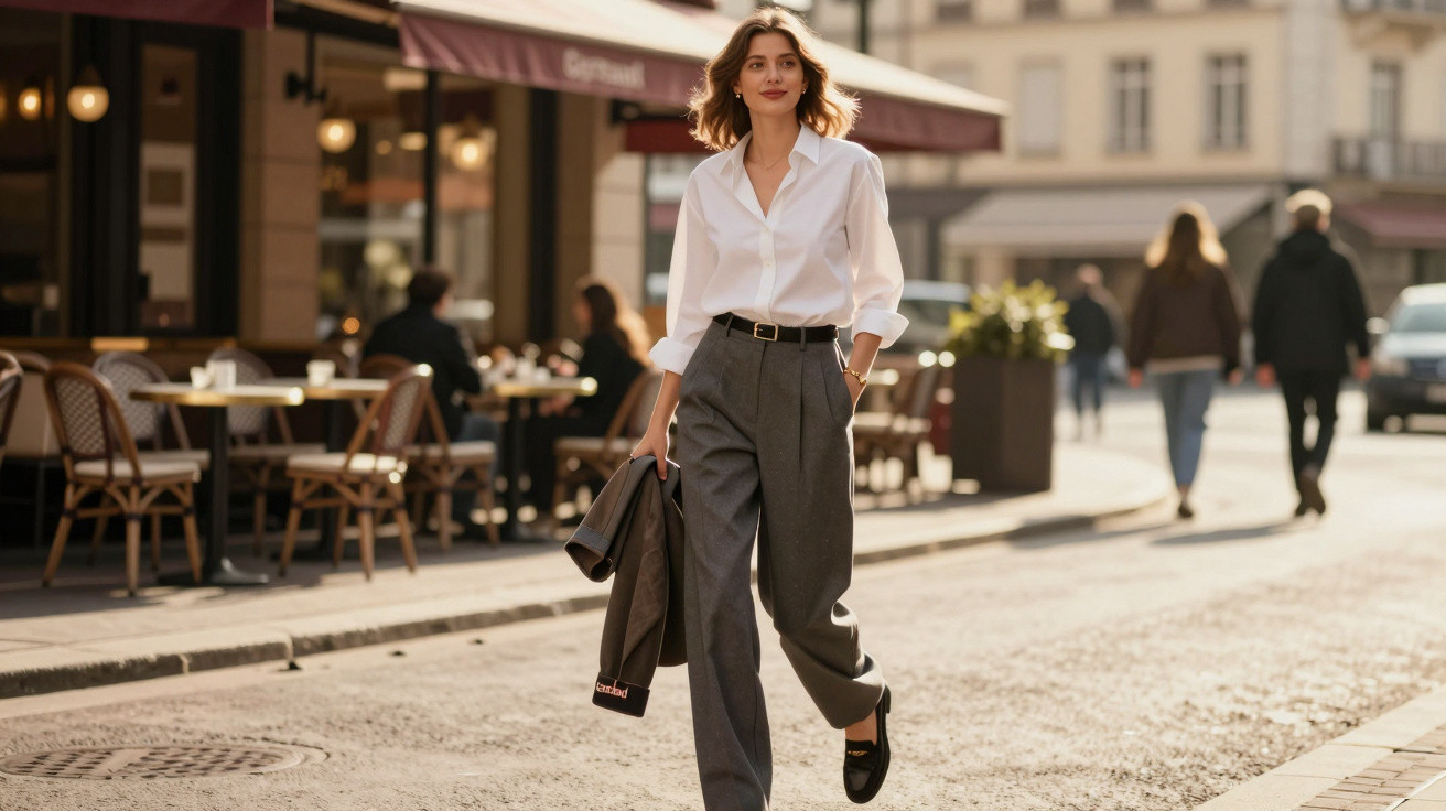 Woman in white shirt and grey trousers walking on a city street near an outdoor café in daylight.