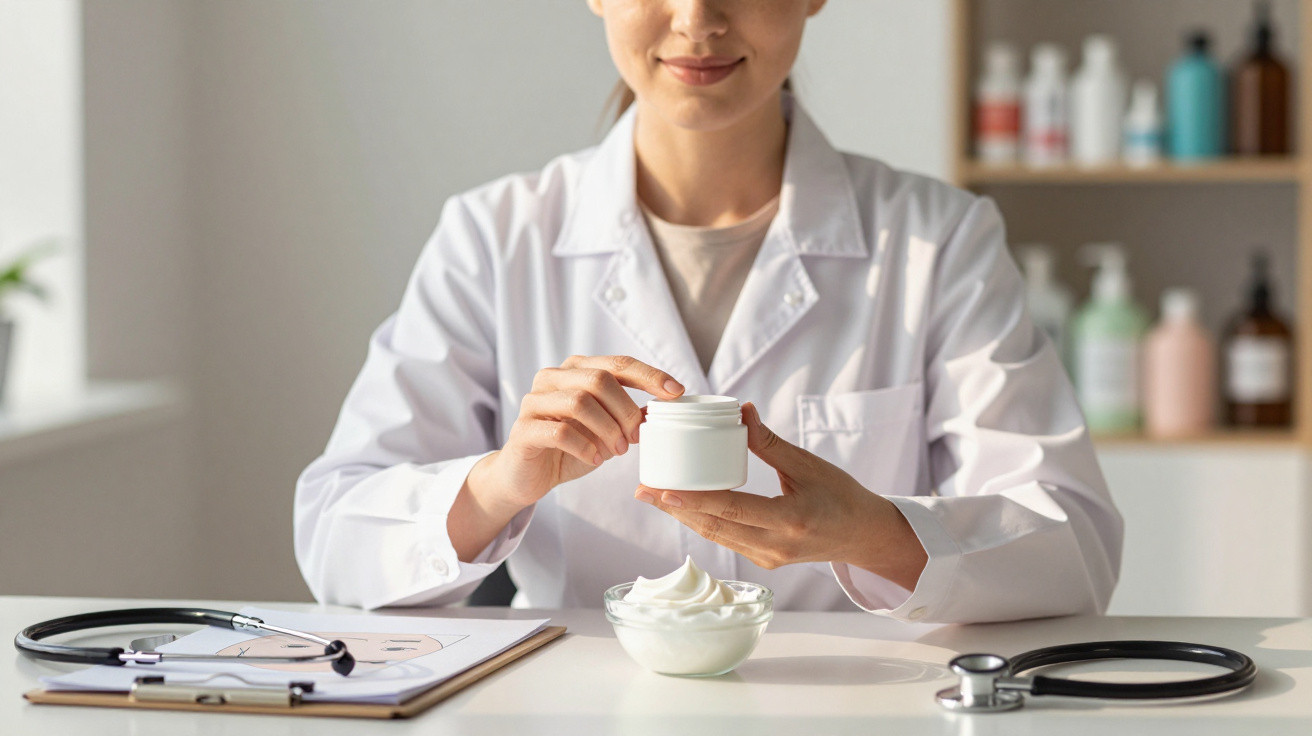 Person in white lab coat holding a small jar of cream with a bowl of cream, stethoscope, and clipboard on desk.