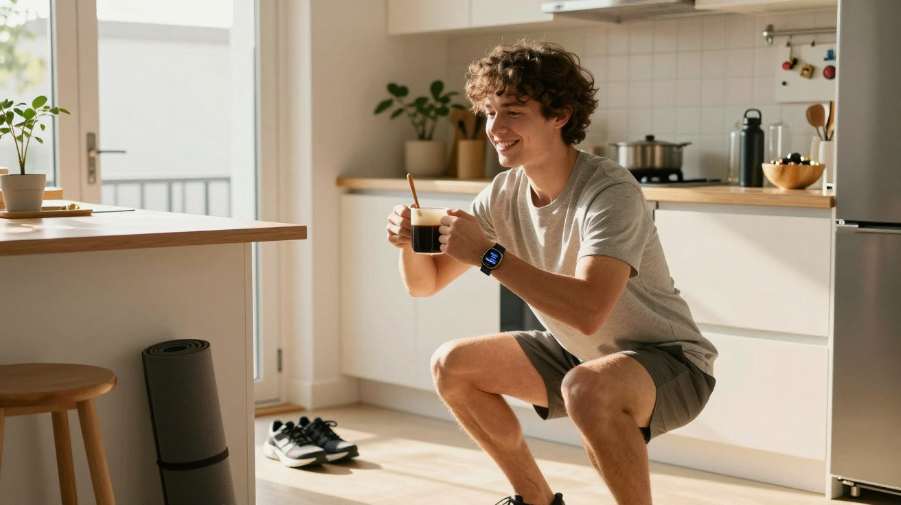 Young man in shorts and t-shirt doing squats in kitchen while holding a cup of coffee and smiling.