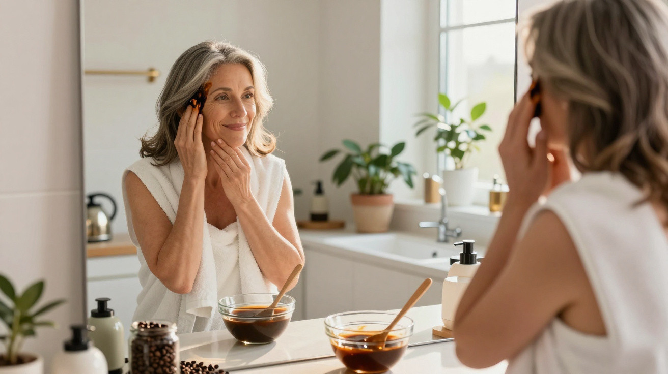 Middle-aged woman applying a facial mask with a brush in a bright bathroom in front of a mirror.