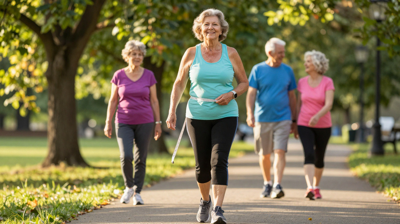 Group of senior adults walking and exercising in a sunny park with trees and greenery.