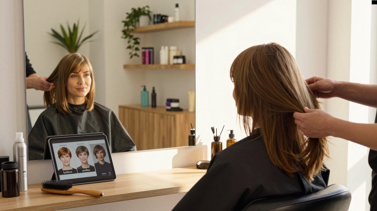 Woman at hair salon checking possible hairstyles on tablet while stylist works on her hair.