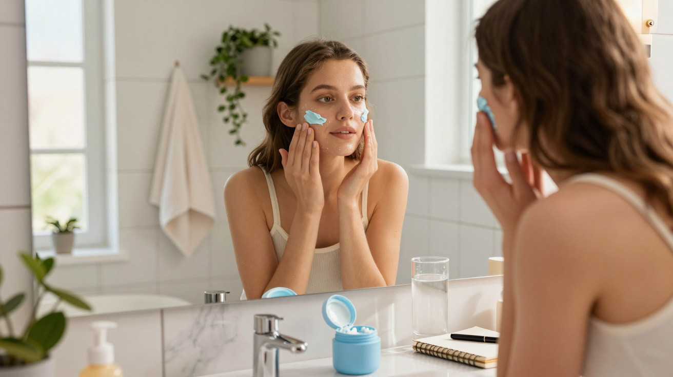 Young woman applying blue face cream in front of bathroom mirror with skincare products visible on the counter