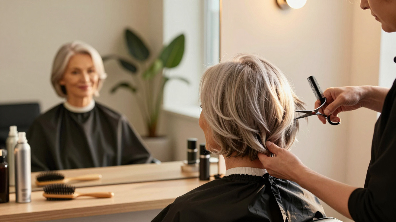 Senior woman getting a haircut in a salon with a hairstylist trimming her silver hair in front of a mirror.