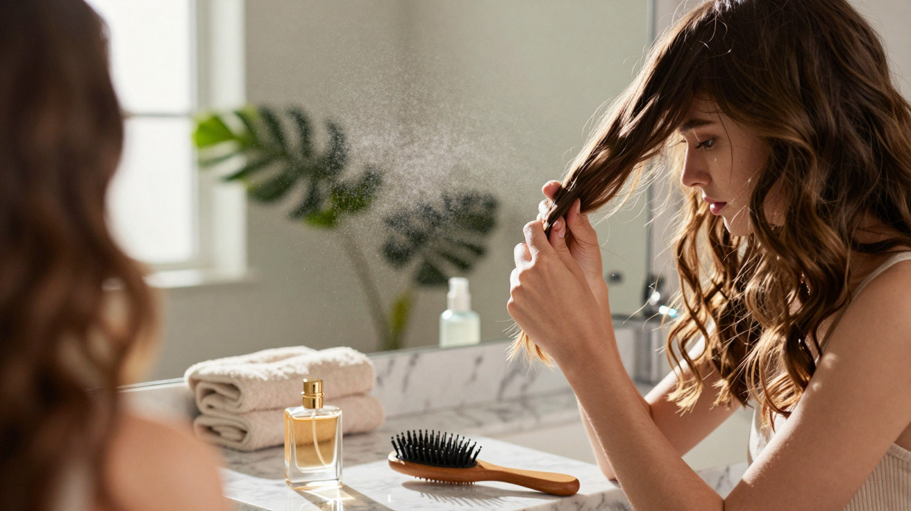Young woman spraying hair spray on her long wavy hair in front of a bathroom mirror.