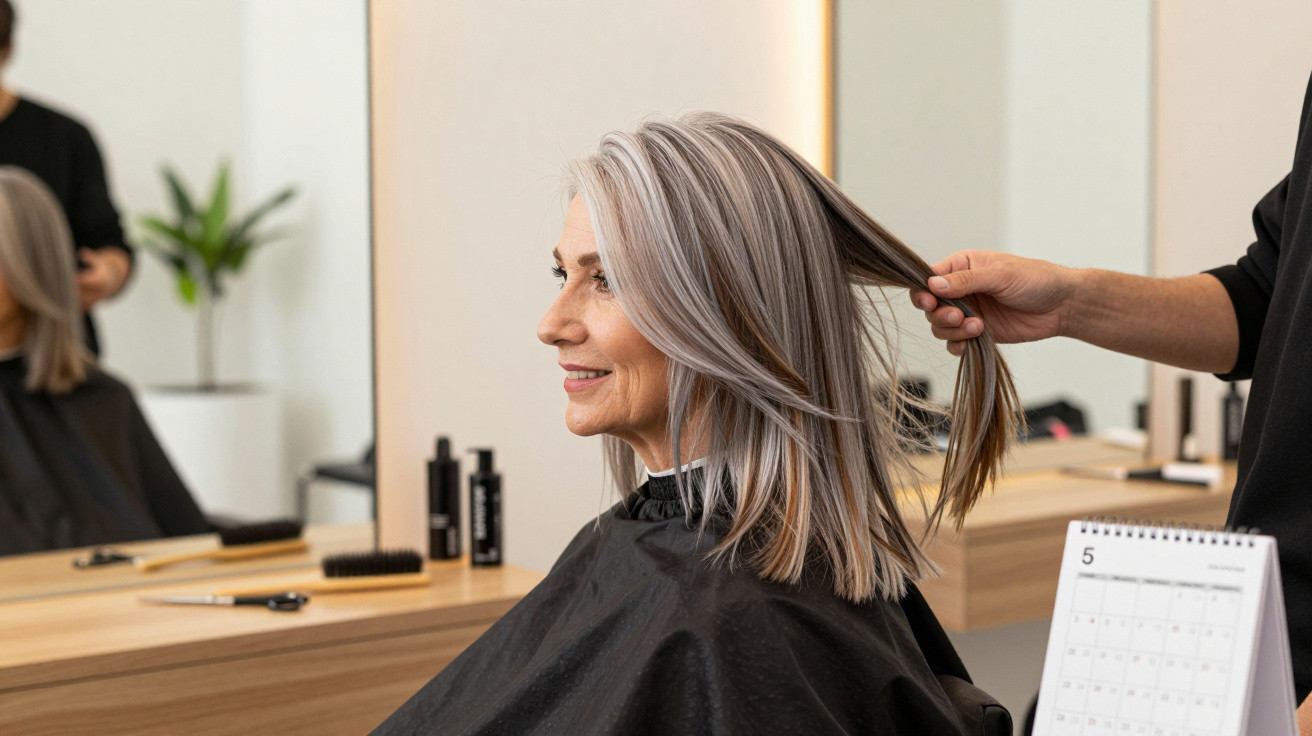Mature woman with grey hair at hair salon, stylist holding a section of her hair, smiling in mirror.