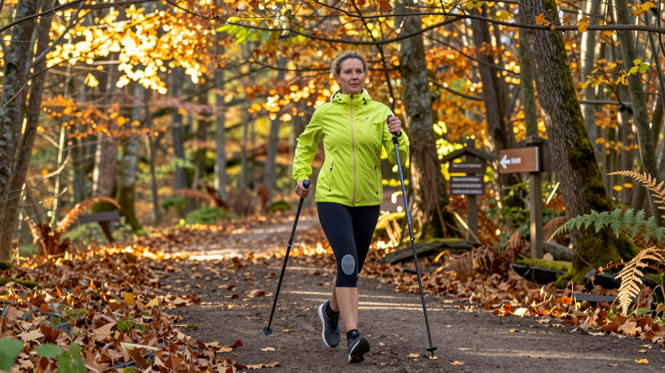 Woman in a green jacket walking with poles on a leaf-covered forest path in autumn.
