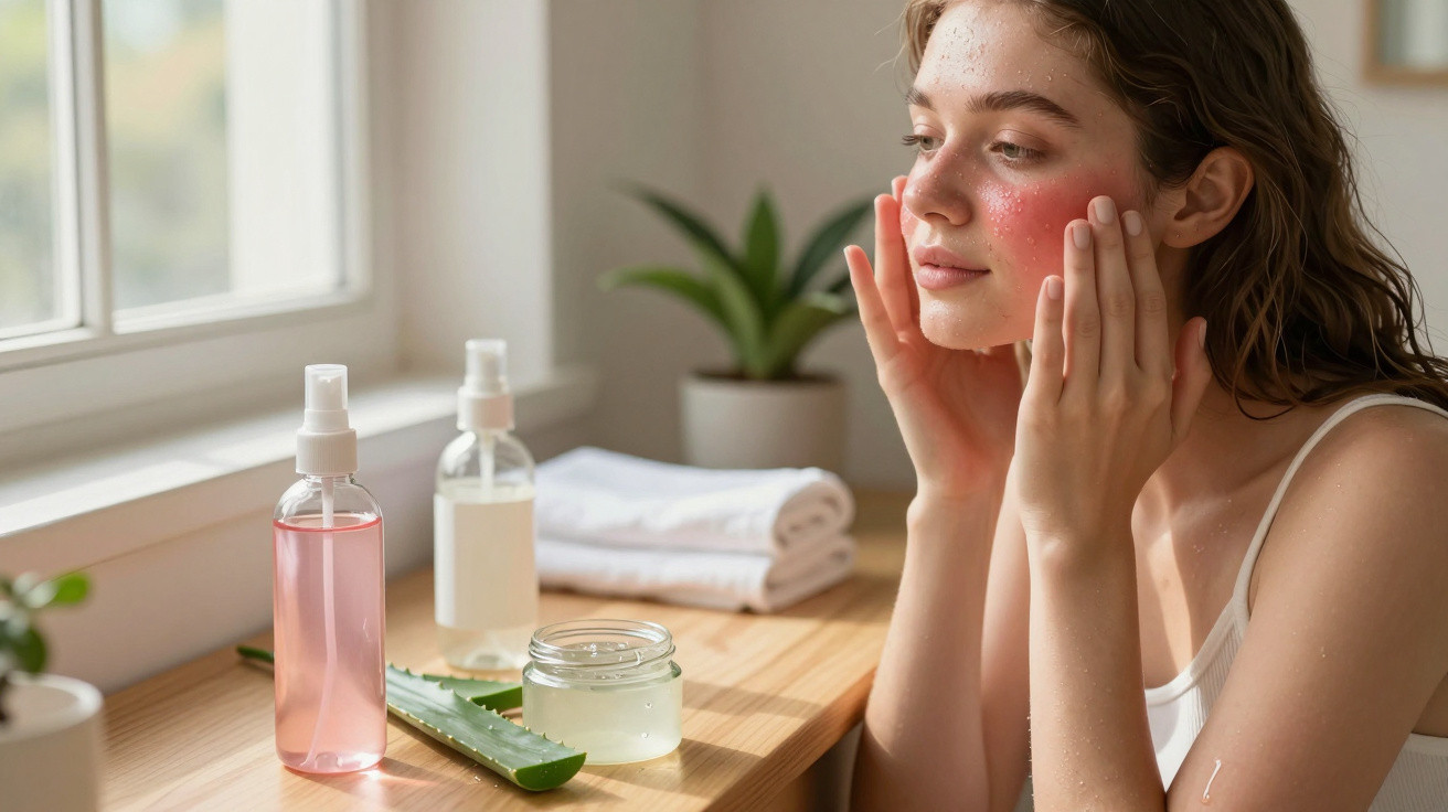 Young woman with wet skin applying skincare cream near window with aloe vera and cosmetic bottles on wooden surface