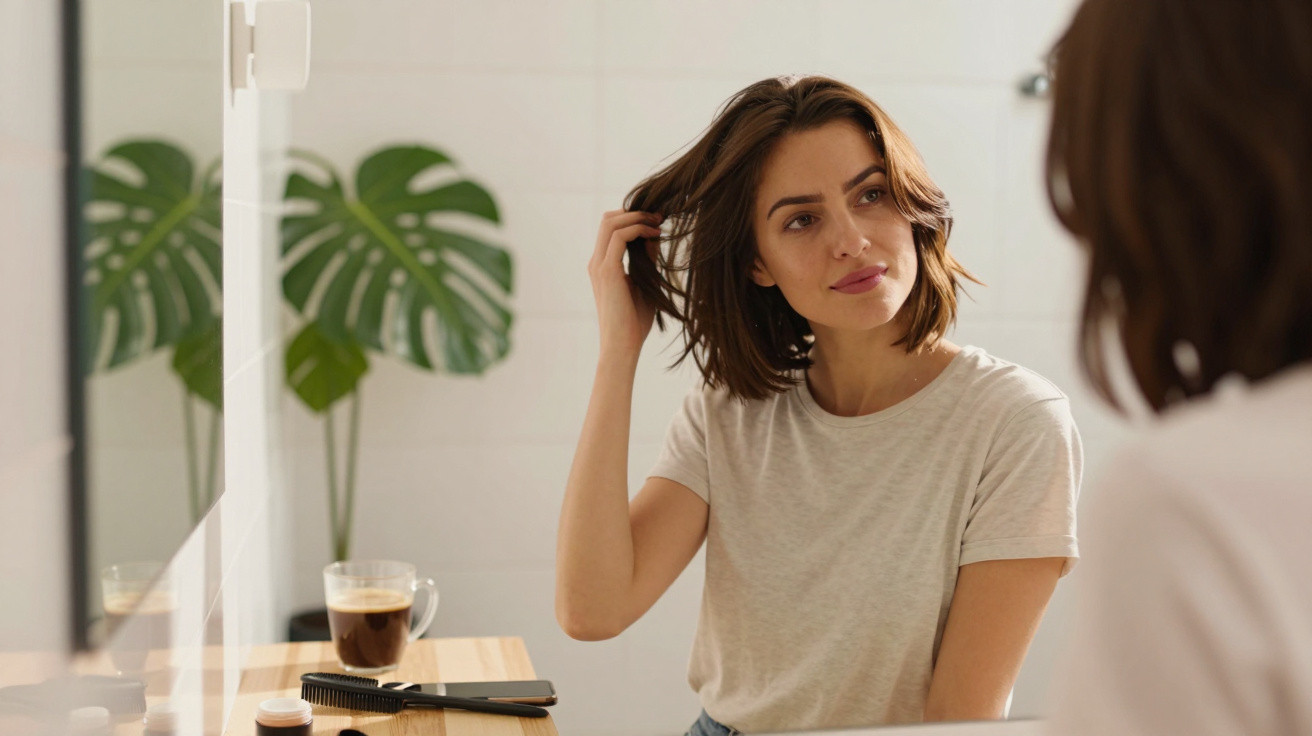 Woman adjusting her hair while looking at herself in a mirror on a wooden table with a cup of coffee nearby.