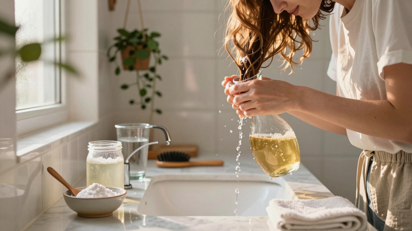 Woman rinsing a glass bottle over the sink in a sunlit kitchen with toiletries nearby.