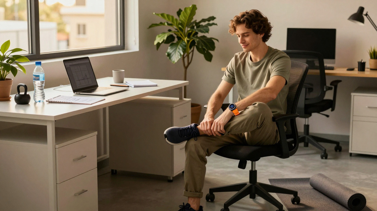 Young man sitting on an office chair stretching his leg in a bright modern workspace with plants and a laptop on the desk.