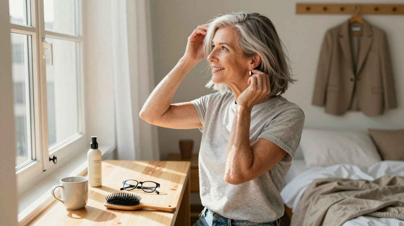 Smiling middle-aged woman adjusting earrings while looking out a sunlit window in a cozy bedroom.