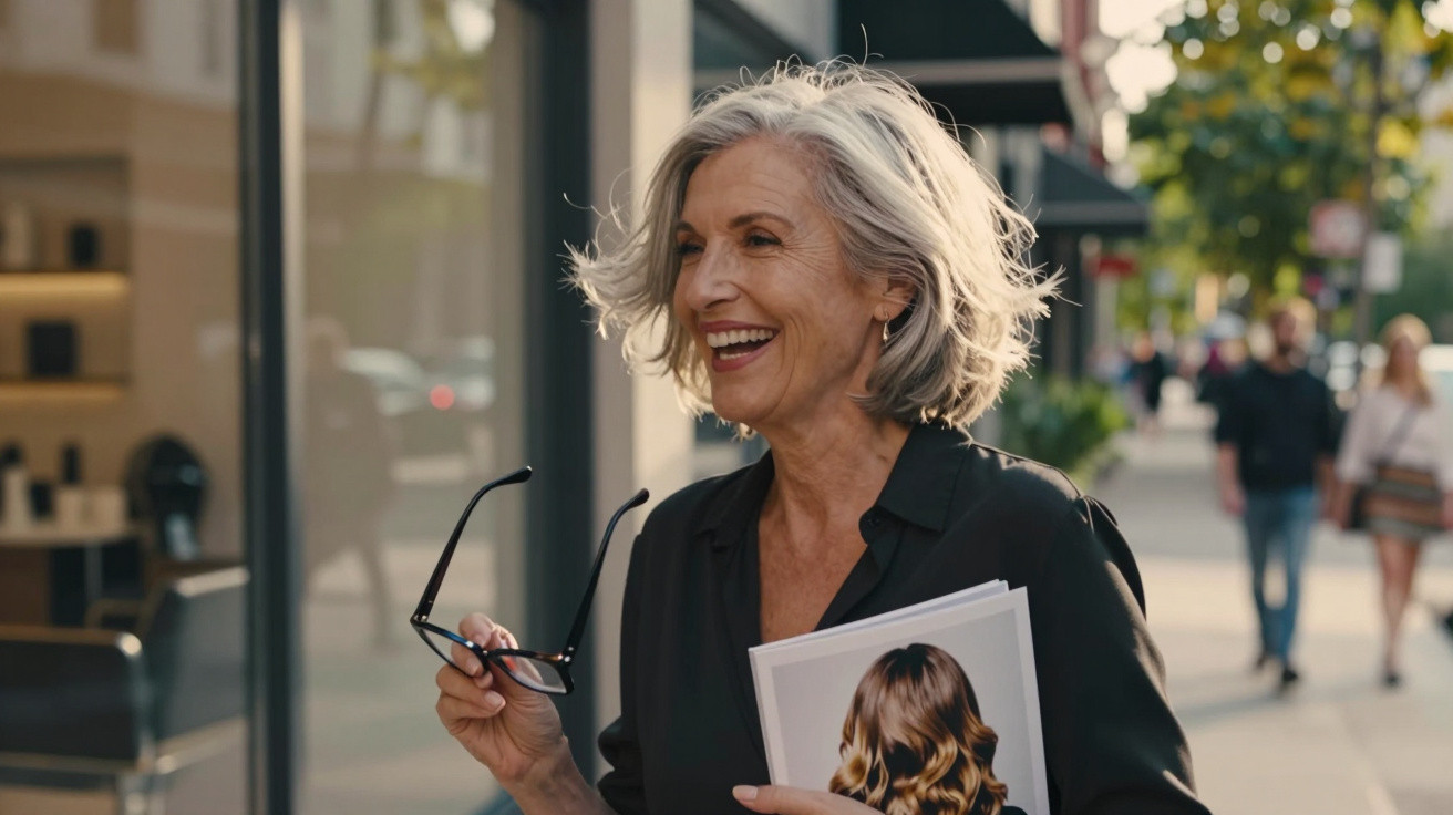Smiling older woman with grey hair holding glasses and a magazine, standing on a sunny urban sidewalk.