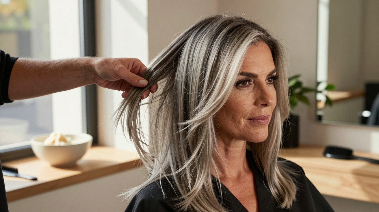 Woman with long silver hair getting a hair treatment in a modern salon with natural light.