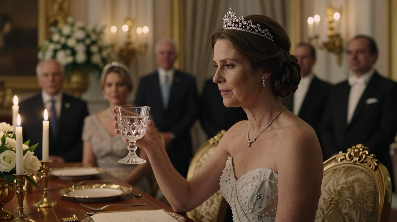 Woman in a tiara and white dress holding a glass at a formal dinner with five formally dressed people in the background.