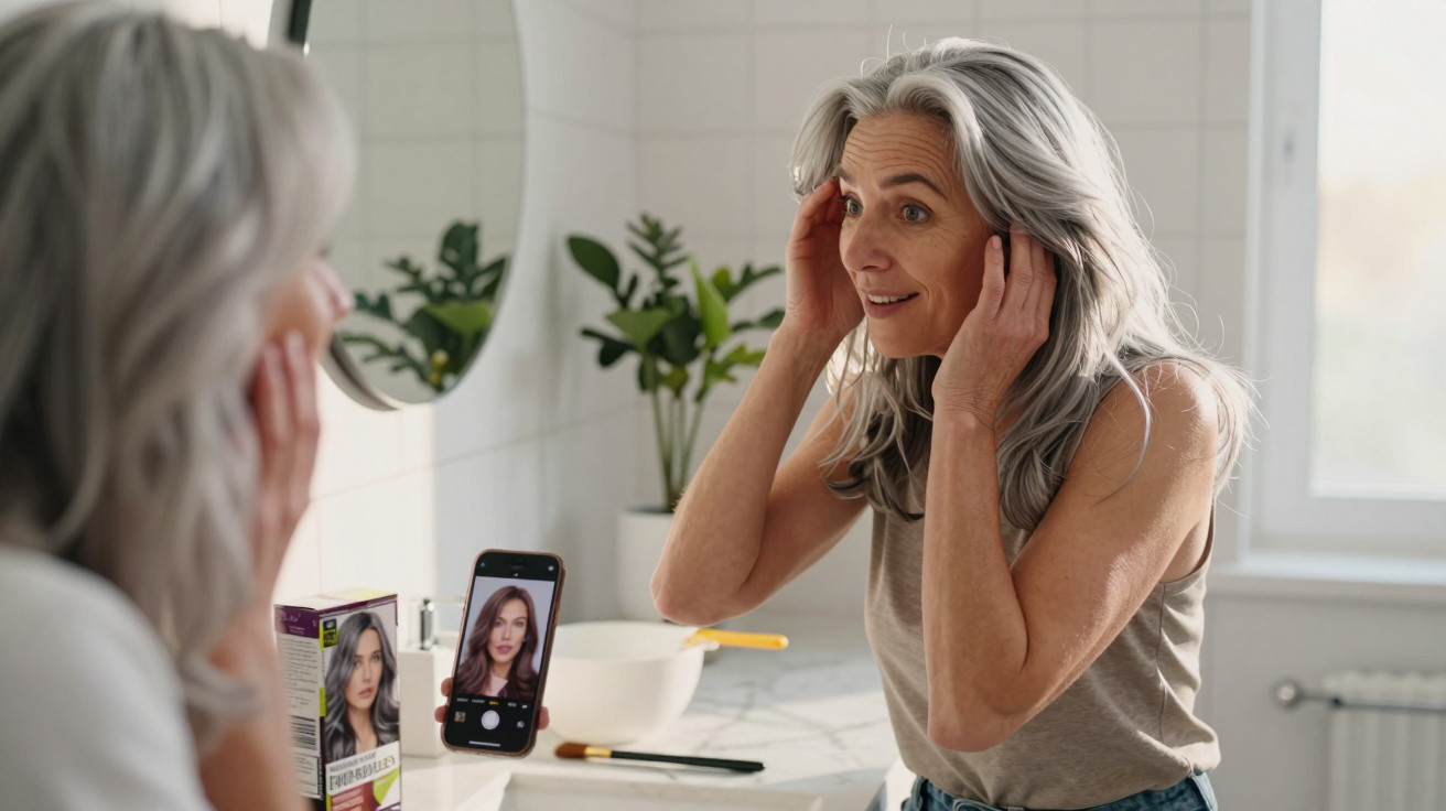 Mature woman with grey hair looking at her reflection in the mirror, holding a phone showing hair dye result.