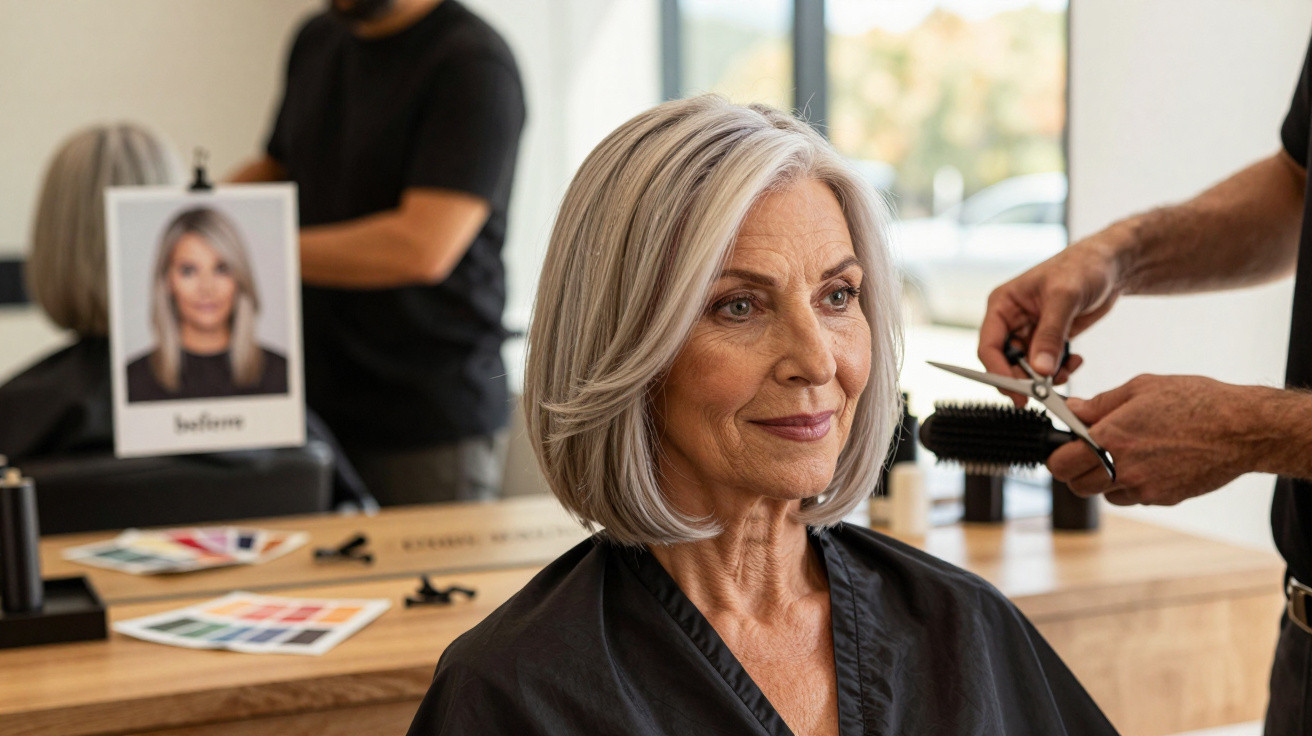 Older woman with styled grey hair sitting in a salon chair while a hairdresser holds scissors and a brush nearby.