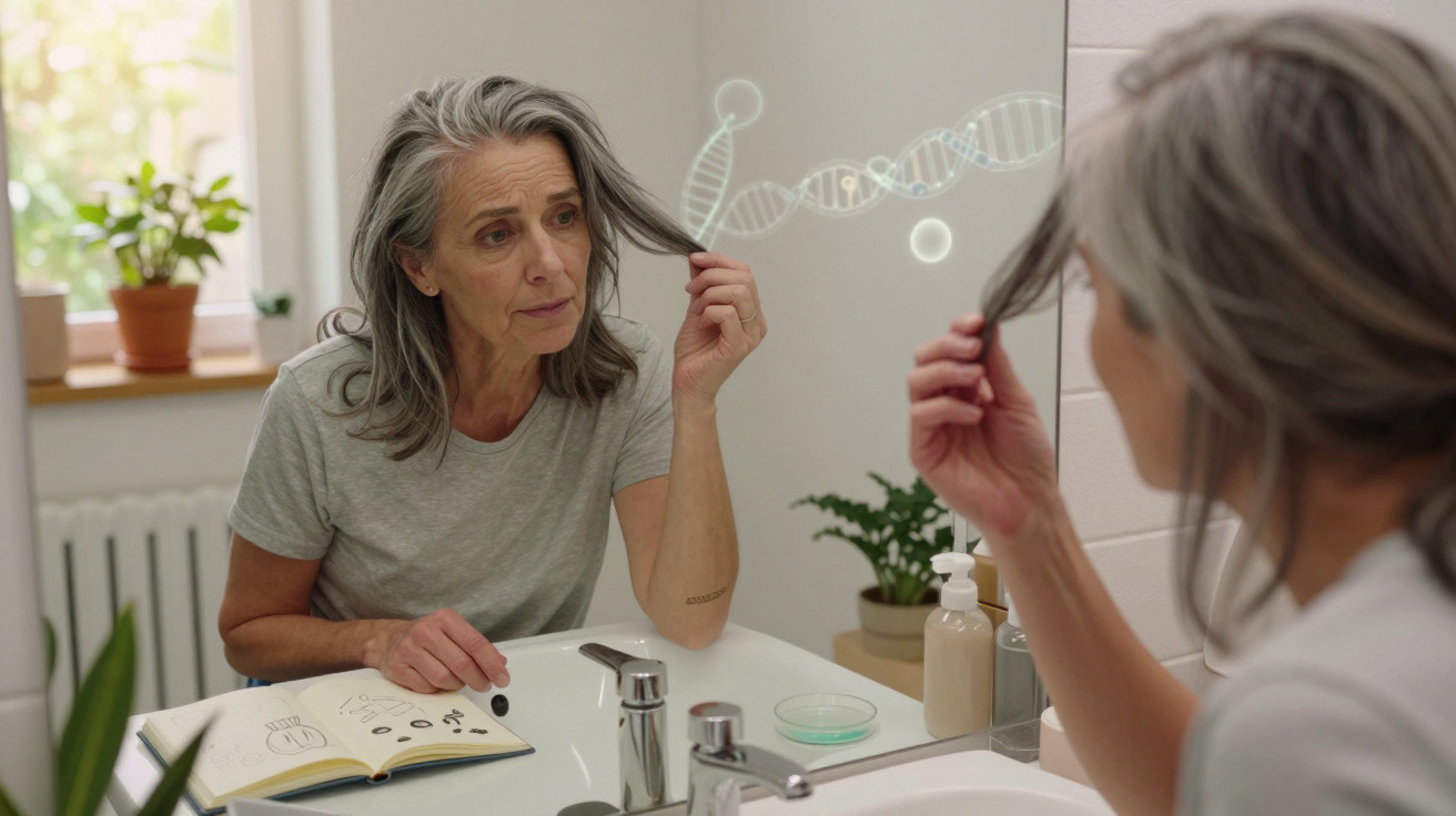 Mature woman with grey hair looking at her reflection in the bathroom mirror, holding a strand of hair.