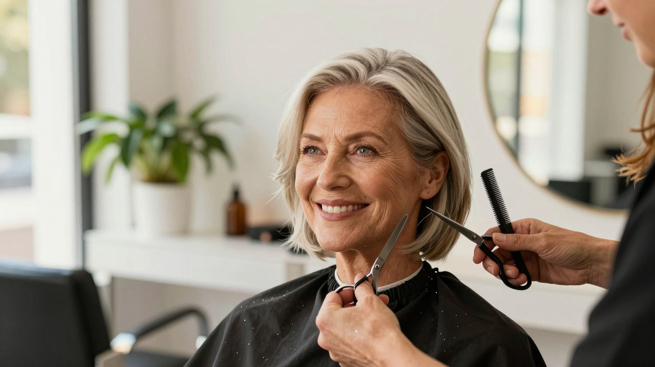 Older woman smiling while getting a haircut at a salon by a hairstylist holding scissors and a comb.