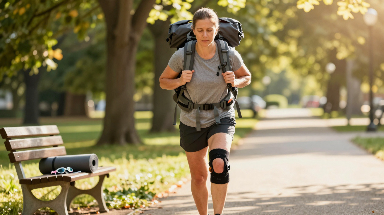 Woman wearing a backpack and knee brace walking briskly along a sunlit park path near a bench with yoga gear.