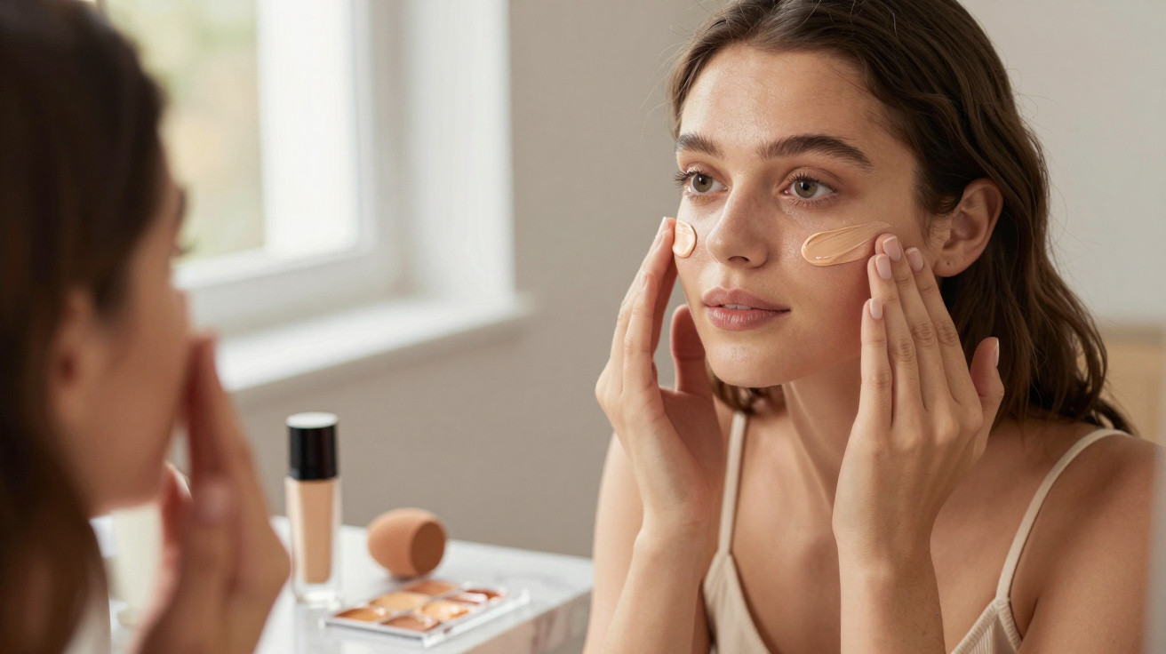 Woman applying foundation to her face in front of a mirror with makeup products on the table.