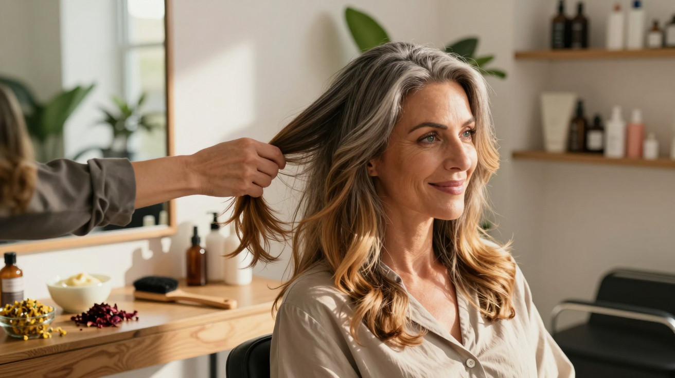 Woman with grey and blonde hair sitting in a salon while a hairstylist holds a section of her hair.