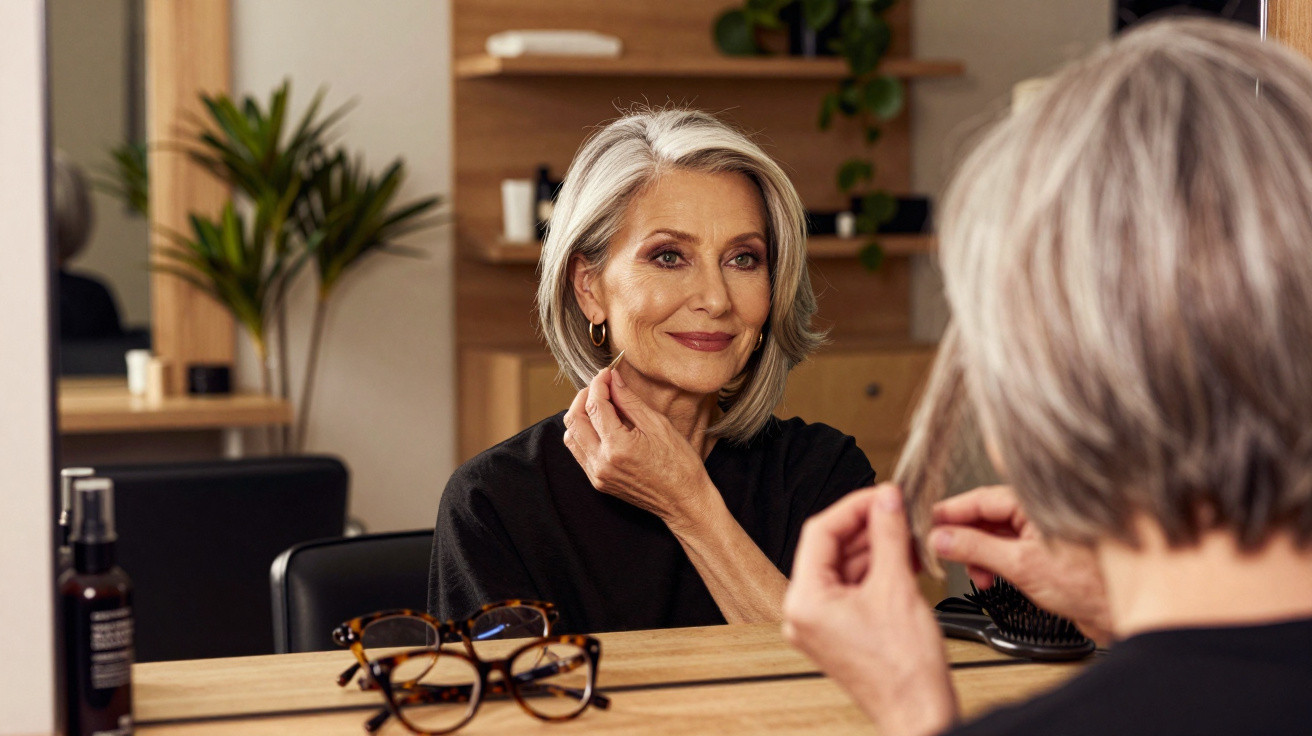 Mature woman with grey hair smiling at her reflection while adjusting an earring in front of a mirror.