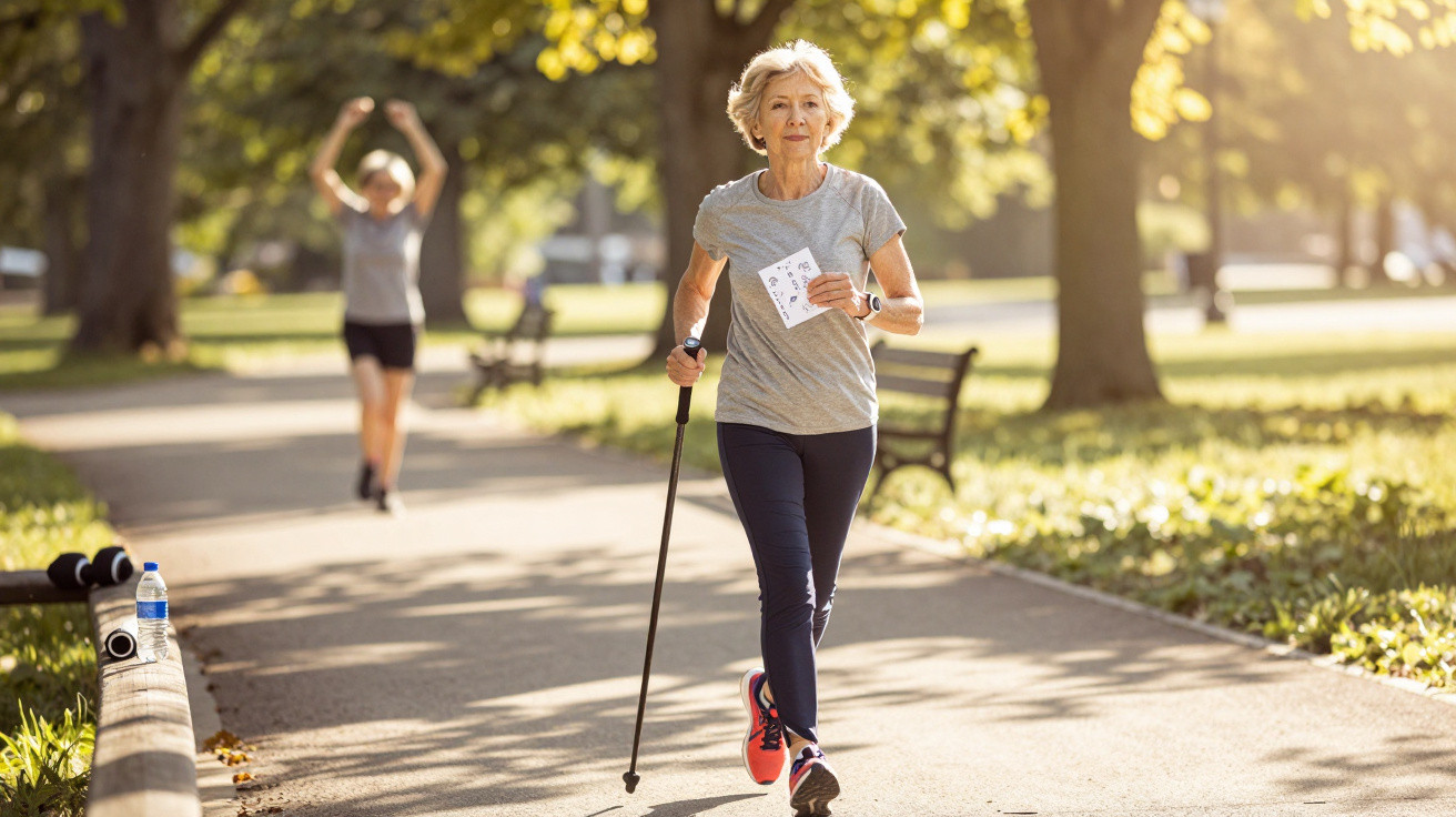 Elderly woman power walking with a map and walking stick on a sunlit park path.
