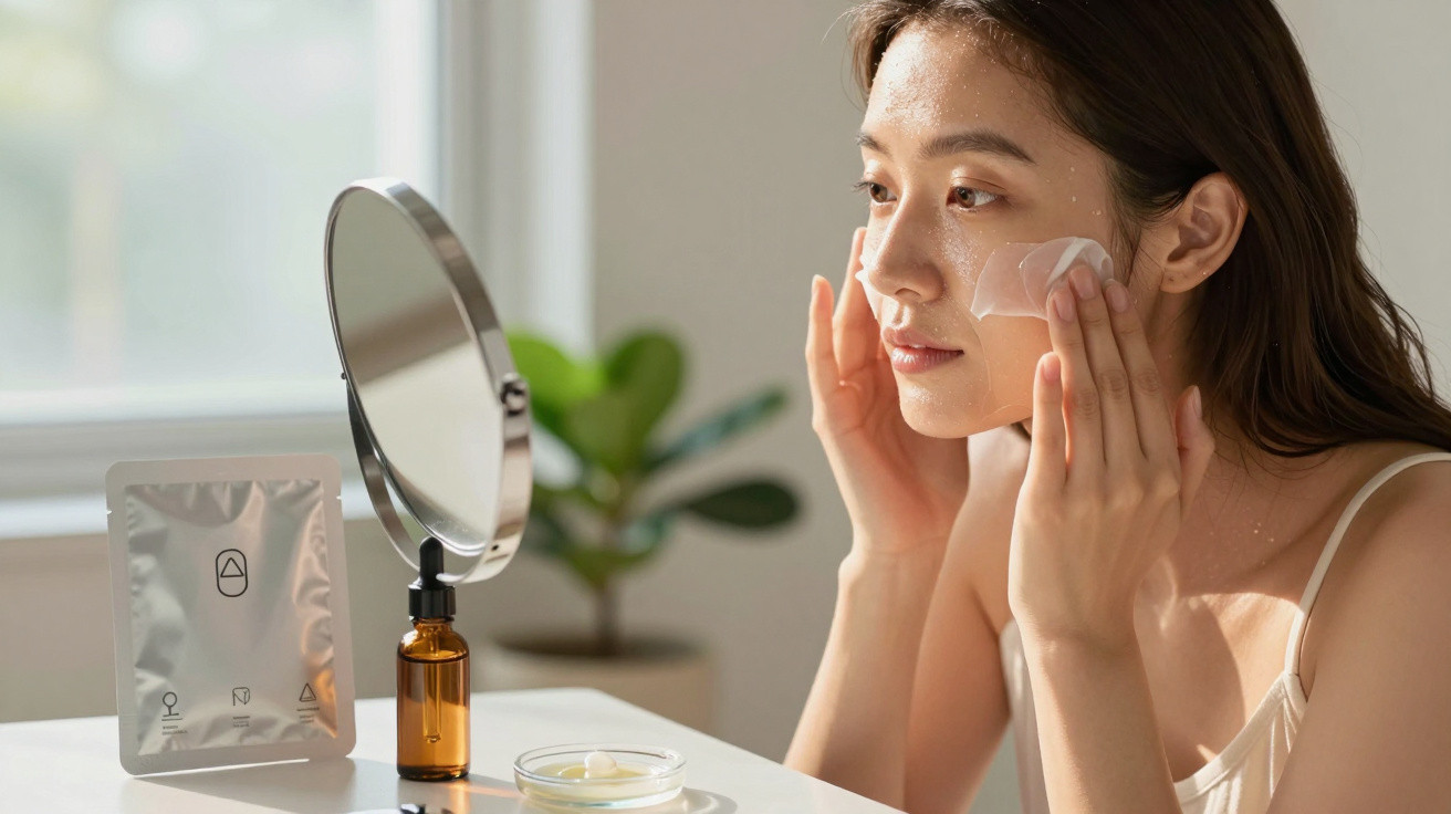 Woman applying a facial sheet mask while looking into a round mirror on a table with skincare products.