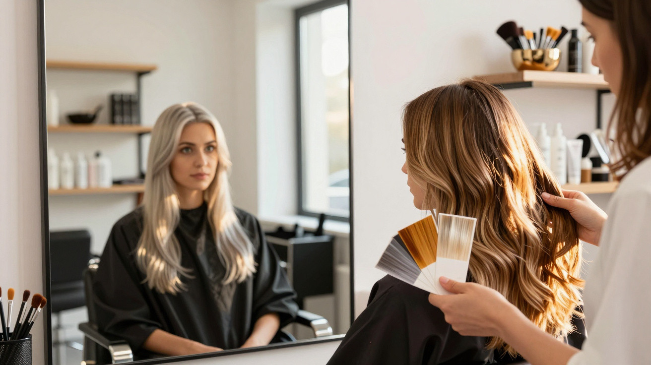 Hairdresser comparing hair colour swatches with a client's long wavy hair in a salon.