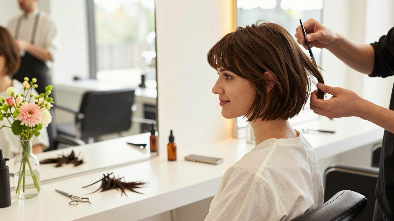 Woman with short brown hair smiling in salon chair while stylist combs her hair near mirror.