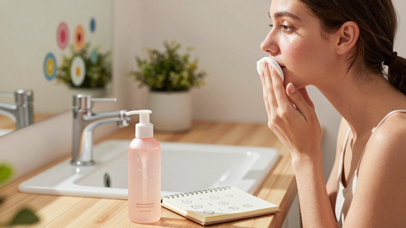 Young woman cleansing her face with a cotton pad in a bathroom with a sink and skincare products nearby.