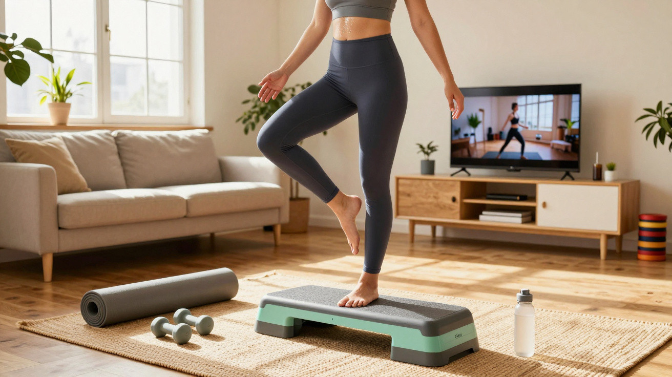 Person balancing on one leg on a step platform in a bright living room with exercise equipment and a workout on TV.
