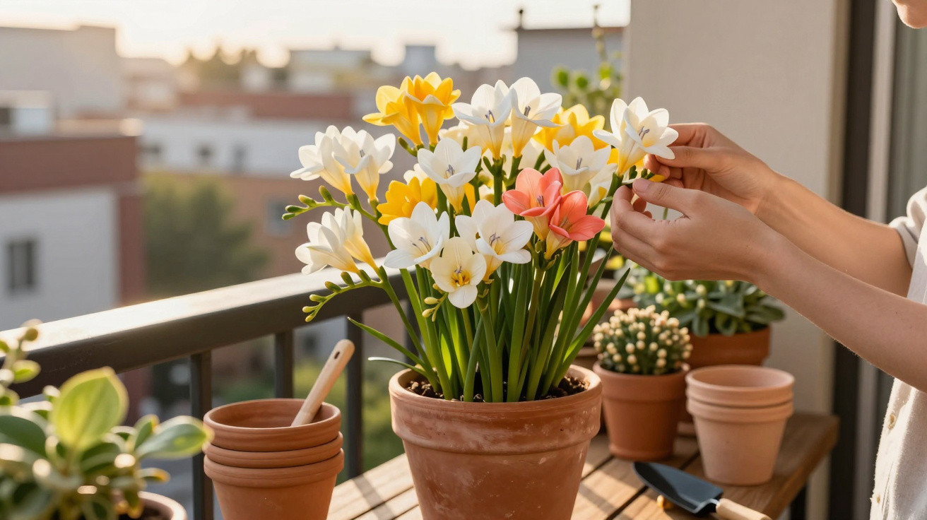 Hands tending to a potted plant with white, yellow, and pink flowers on a balcony table with gardening tools.