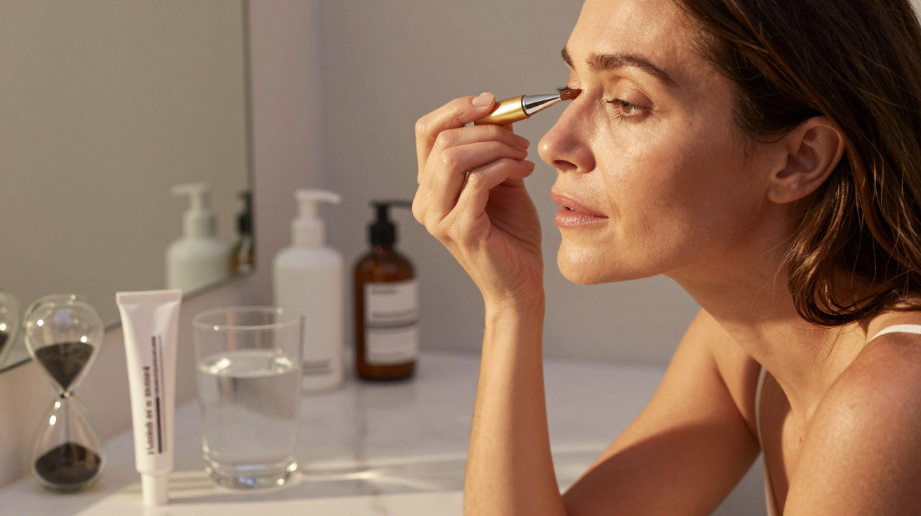 Woman using an electric eyebrow trimmer in a bathroom with skincare products on the counter and a mirror in the background.